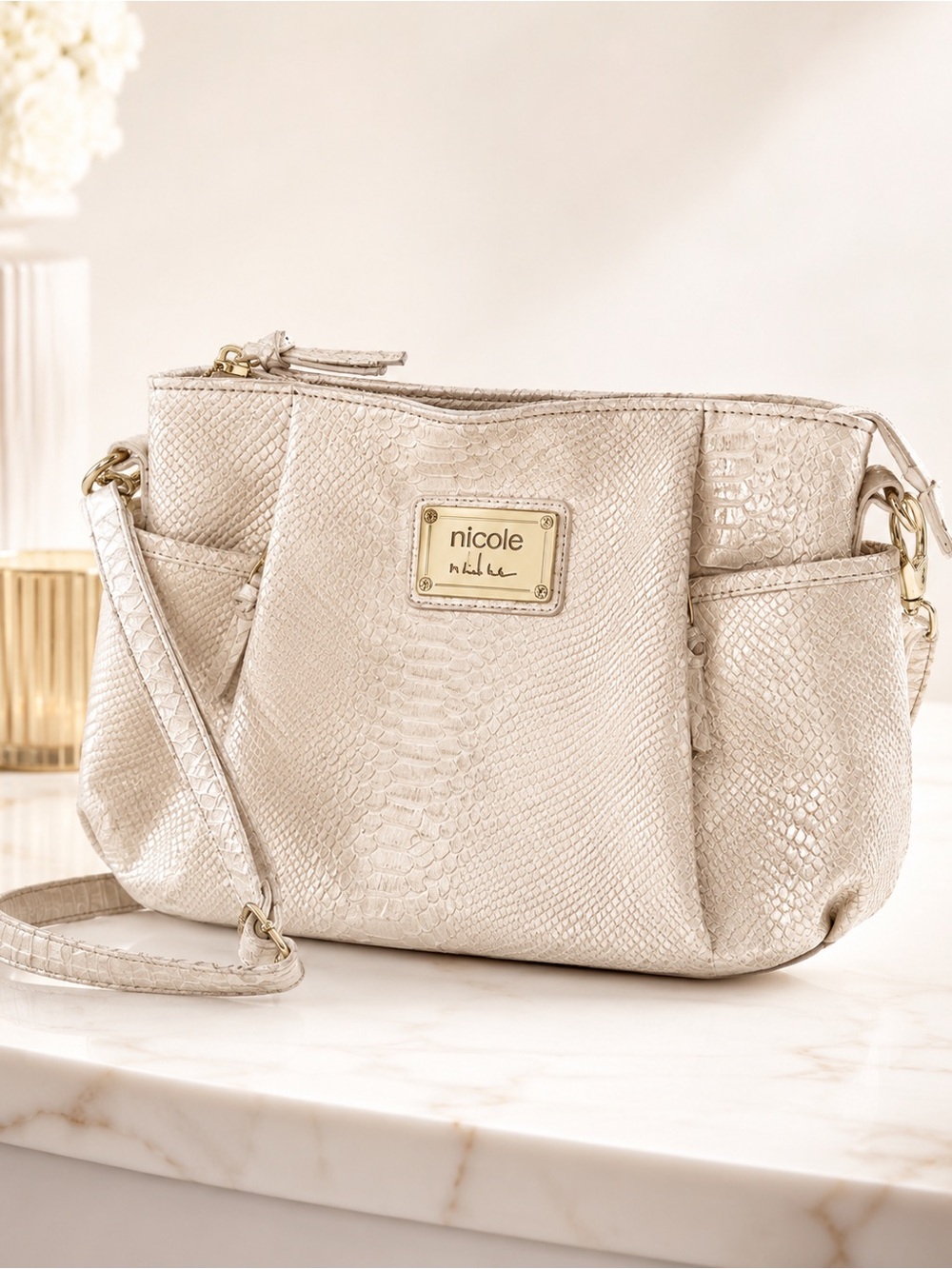 Nicole Miller Faux Snakeskin Shoulder Bag Cream Python Print